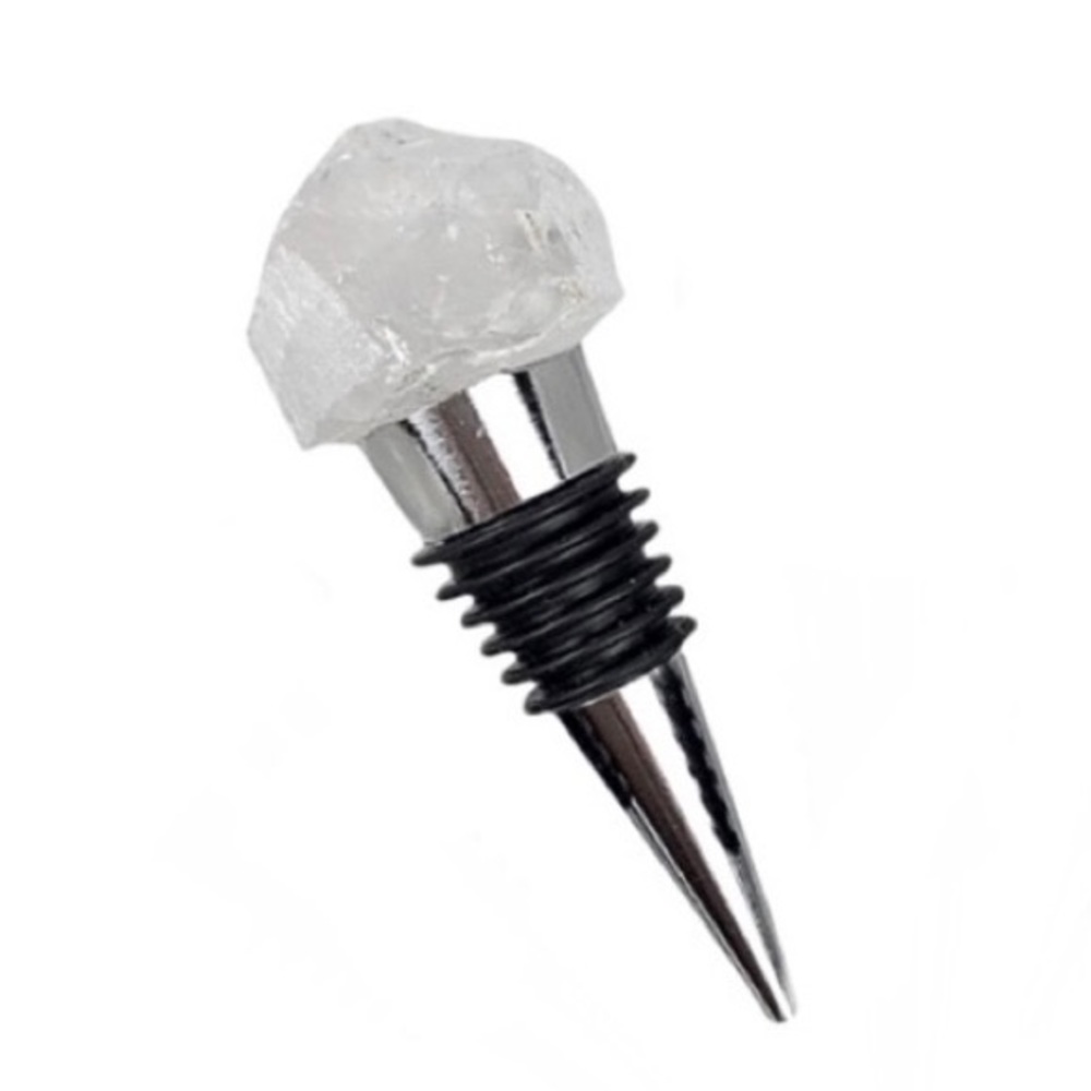 Clear Quartz Crystal Stone Wine Bottle Stopper - Silver Rough Cut